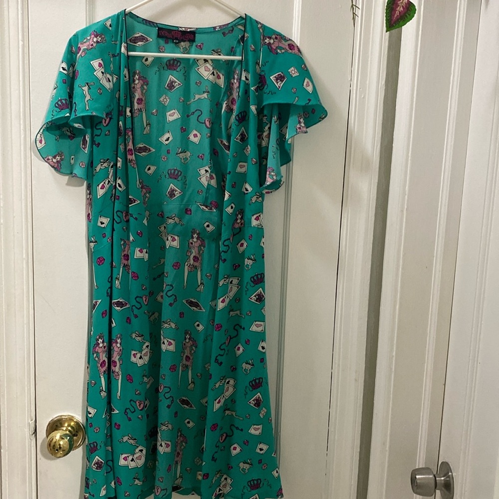 Anami & Janine Turquoise Alice In Wonderland Print Wrap Dress XS Flutter Sleeve